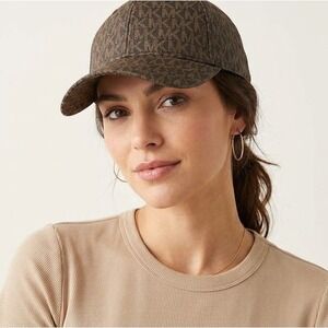 Michael Kors Women's Signature MK Logo Baseball Cap Cotton Brown Gold NEW